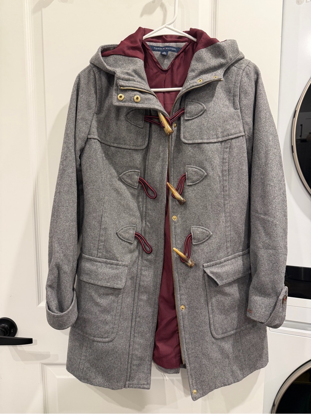 Tommy Hilfiger Gray Wool Blend Duffle Coat with Burgundy Lining